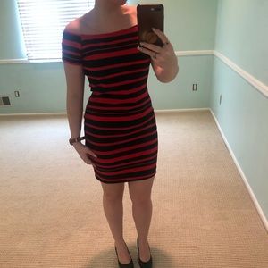 Black and red striped off the shoulder dress